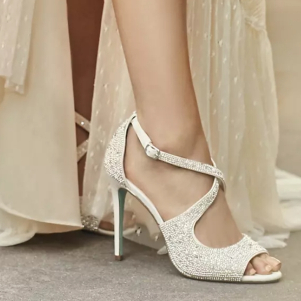 BETSEY JOHNSON X DB: Peep-Toe Jeweled Cross-Strap Stiletto Heels